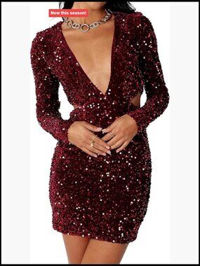 Glitter Sequin Long Sleeve Deep V Neck Bodycon Mini Dress